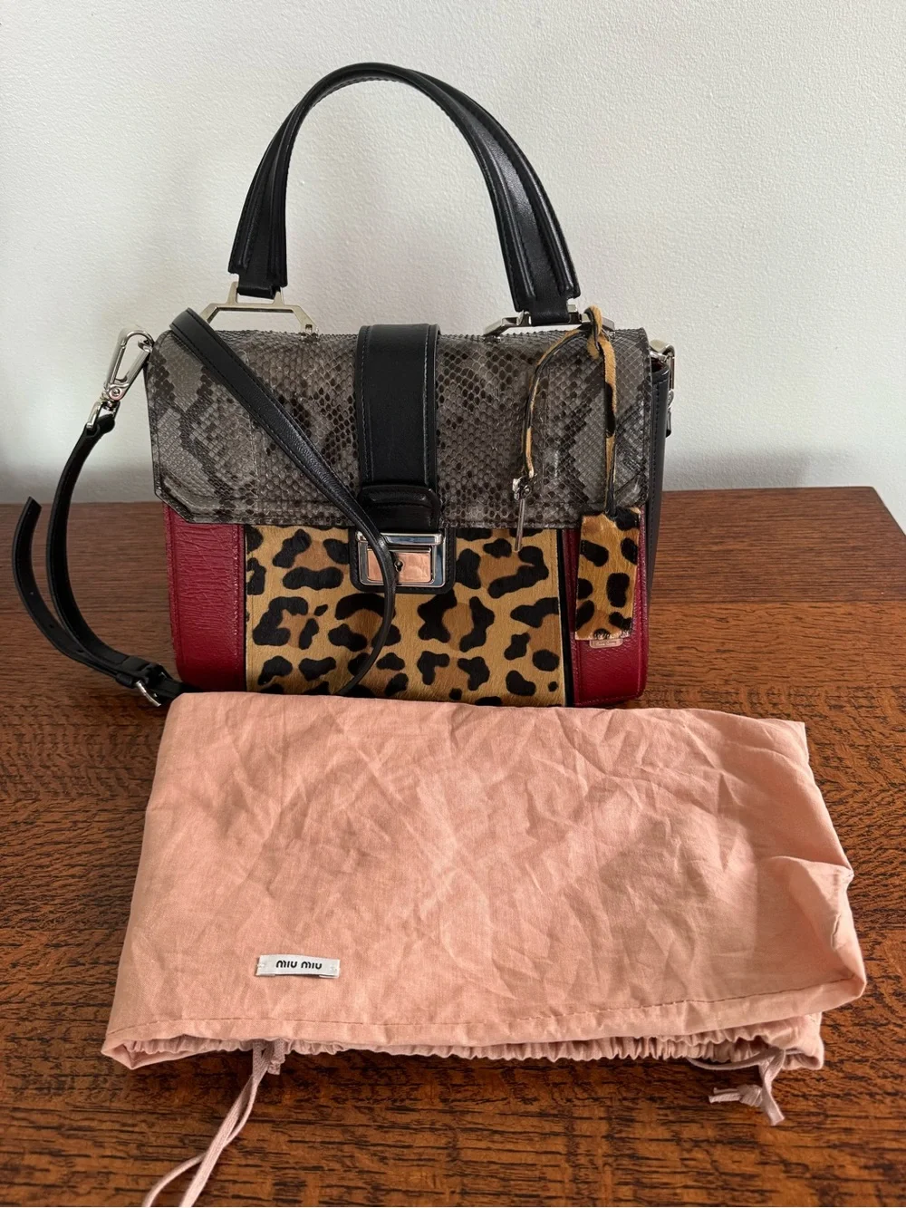 Miu Miu Rare Python, Leopard Print and Leather Crossbody/Satchel Bag w/COA